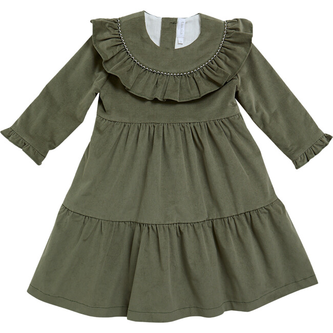 Alba Corduroy Frilled Round Collar Long Sleeve Tiered Dress, Khaki