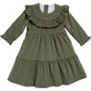 Alba Corduroy Frilled Round Collar Long Sleeve Tiered Dress, Khaki - Dresses - 1 - thumbnail