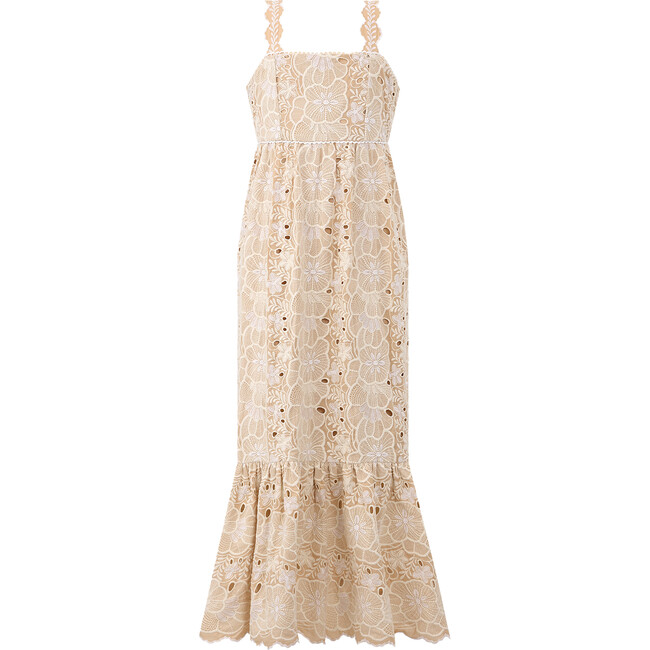 Riley Floral Embroidered Open Back Shoulder Strap Maxi Dress, Cream