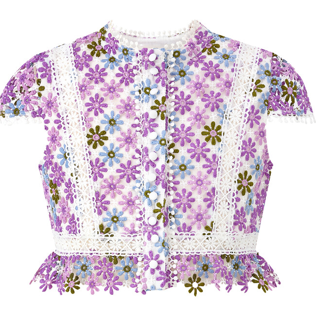 Sadie Floral Embroidered Short Flutter Sleeve Top, Multicolors