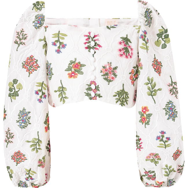 Lillian Floral Embroidered Long Balloon Sleeve Back Button Top, Ivory