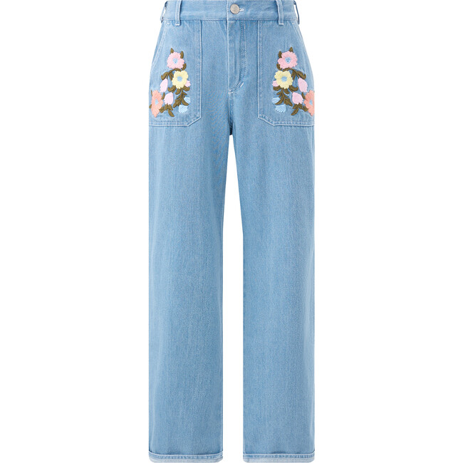 Grace Floral Embroidered Side Pocket Knit Denim Jeans, Blue