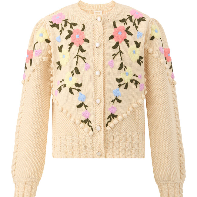 Grace Floral Embroidered Long Sleeve Knit Button-Up Cardigan, Cream