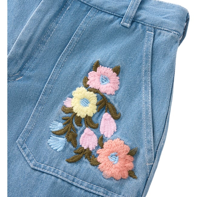 Grace Floral Embroidered Side Pocket Knit Denim Jeans, Blue - Pants - 4