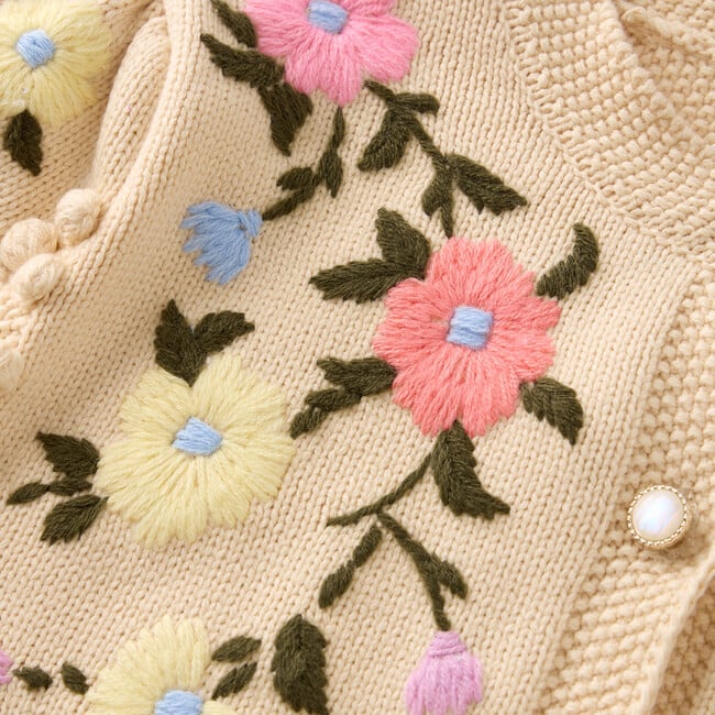 Grace Floral Embroidered Long Sleeve Knit Button-Up Cardigan, Cream - Cardigans - 5