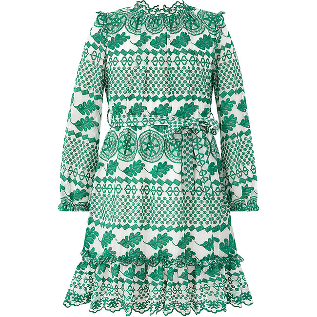 Eliana Embroidered Long Balloon Sleeve Mini Dress, Emerald