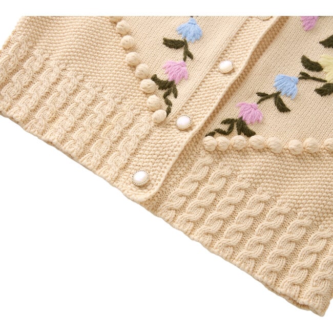 Grace Floral Embroidered Long Sleeve Knit Button-Up Cardigan, Cream - Cardigans - 6