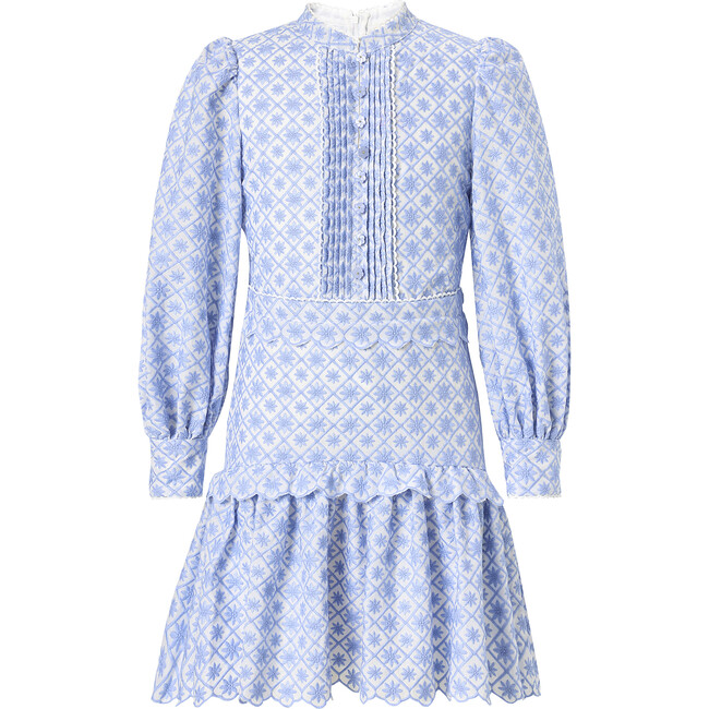 Brielle Embroidered Long Bishop Sleeve Mini Dress, Powder Blue