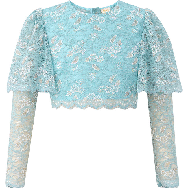 Gabriella Lace Long Sleeve Back Button Top, Cerulean