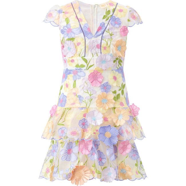 Amara Floral Embroidered Short Flutter Sleeve Tiered Skirt Mini Dress, Multicolors