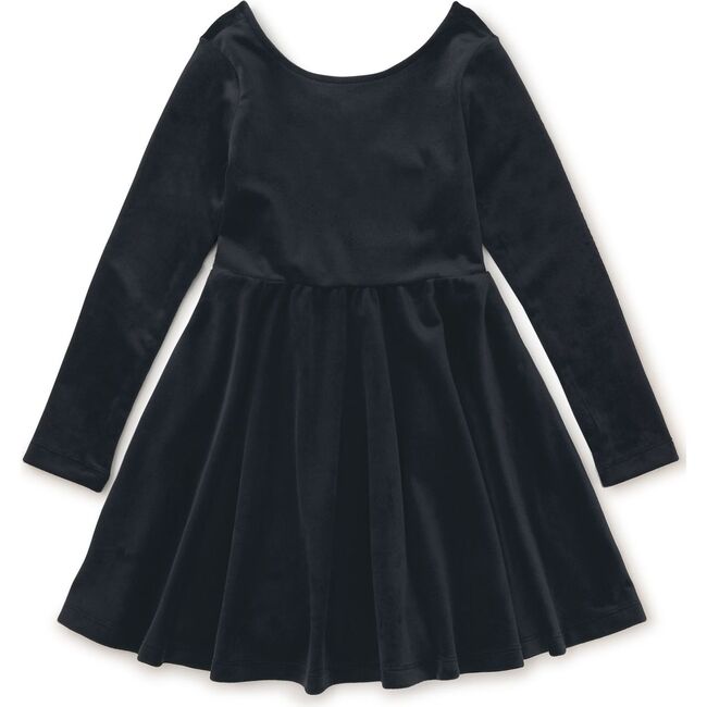 Velour Boat Neck Long Sleeve Ballet Skirt Dress, Jet Black