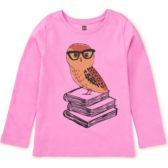 Studious Owl Graphic Print Crew Neck Long Sleeve T-Shirt, Perennial Pink