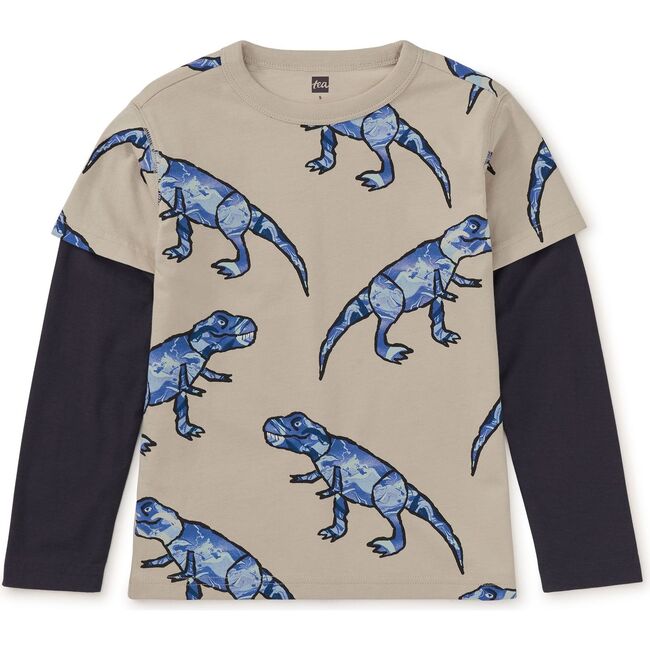 Original Print Crew Neck Layered Long Sleeve T-Shirt, T-Rex In Marble