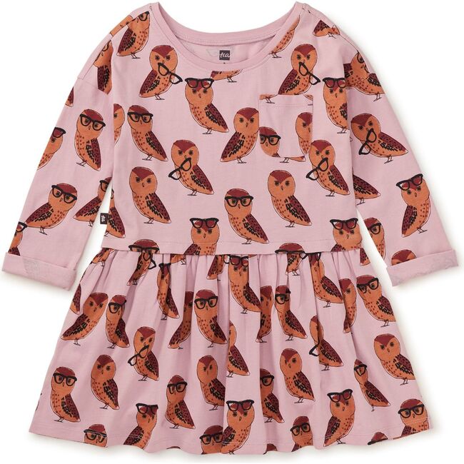 Original Print Boat Neck Long Sleeve Pocket Play Dress, All Knowing Owl