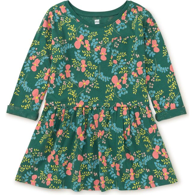 Original Print Boat Neck Long Sleeve Pocket Play Dress, Date Palm Floral