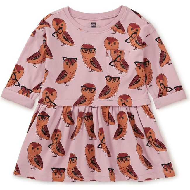 Original Print Boat Neck Long Sleeve Pocket Play Dress, All Knowing Owl - Dresses - 2