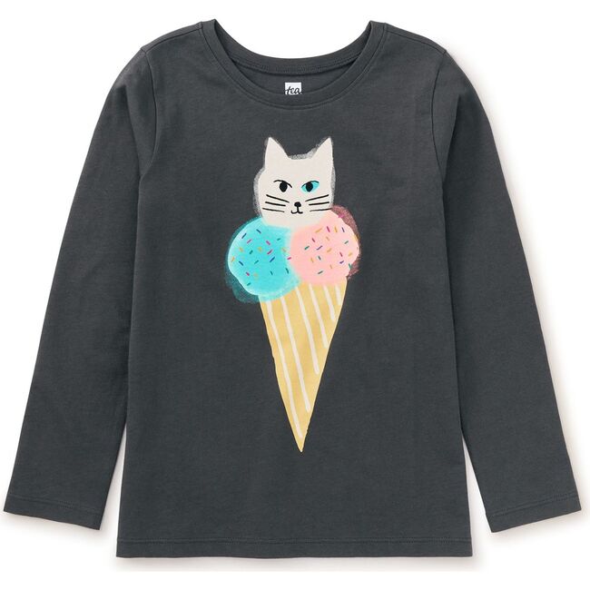 Ice Cream Cat Graphic Print Crew Neck Long Sleeve T-Shirt, Pepper