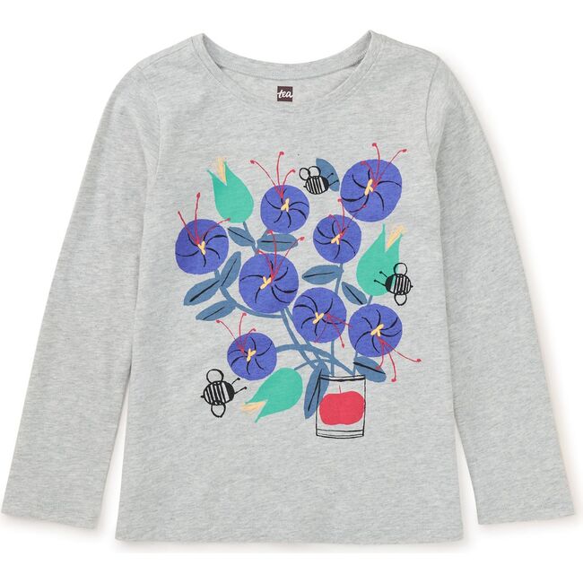 Saffron Flowers Graphic Print Crew Neck Long Sleeve T-Shirt, Light Grey Heather