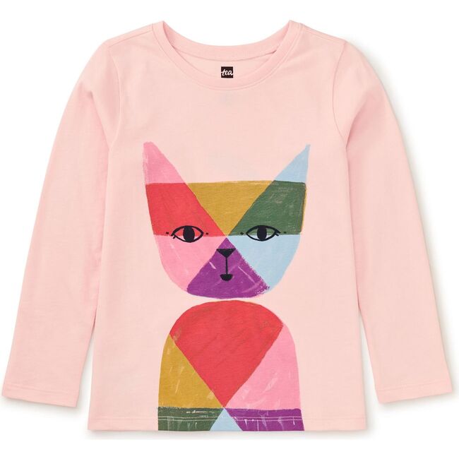 Rainbow Cat Graphic Print Crew Neck Long Sleeve T-Shirt, Pink Salt