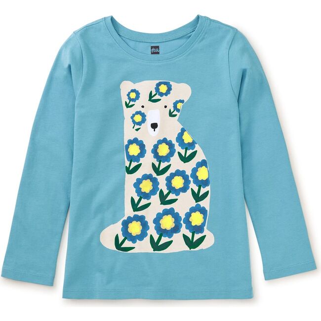 Flower Bear Graphic Print Crew Neck Long Sleeve T-Shirt, Seashore