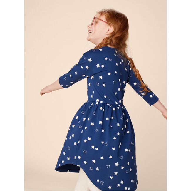 Graphic Print Crew Neck Long Sleeve Elastic Waist Midi Dress, Floating Kitties - Dresses - 5