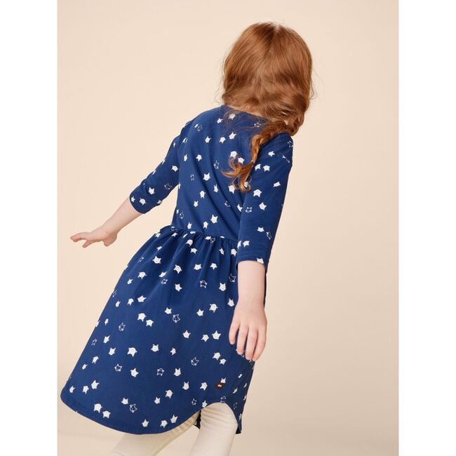 Graphic Print Crew Neck Long Sleeve Elastic Waist Midi Dress, Floating Kitties - Dresses - 6