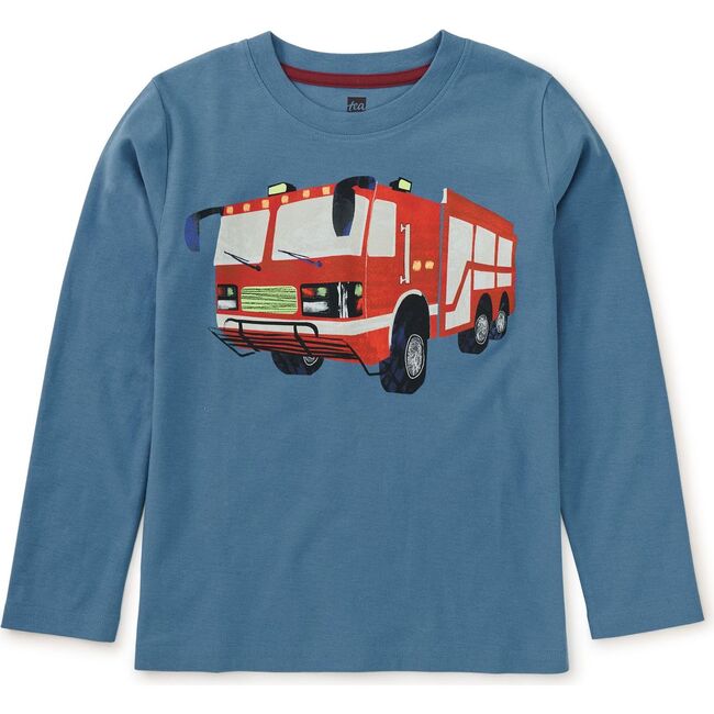 Firetruck Graphic Print Crew Neck Long Sleeve T-Shirt, Coronet Blue