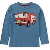 Firetruck Graphic Print Crew Neck Long Sleeve T-Shirt, Coronet Blue - T-Shirts - 1 - thumbnail