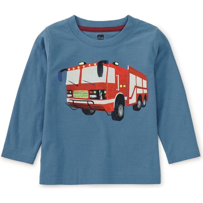 Firetruck Graphic Print Crew Neck Long Sleeve T-Shirt, Coronet Blue - T-Shirts - 2