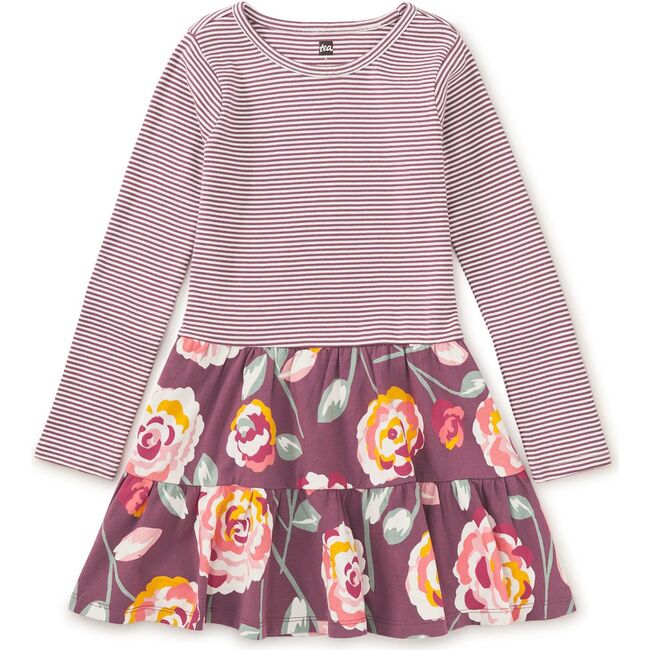 Mix Print Long Sleeve Tiered Twirl Skirt Dress, Turkish Rose