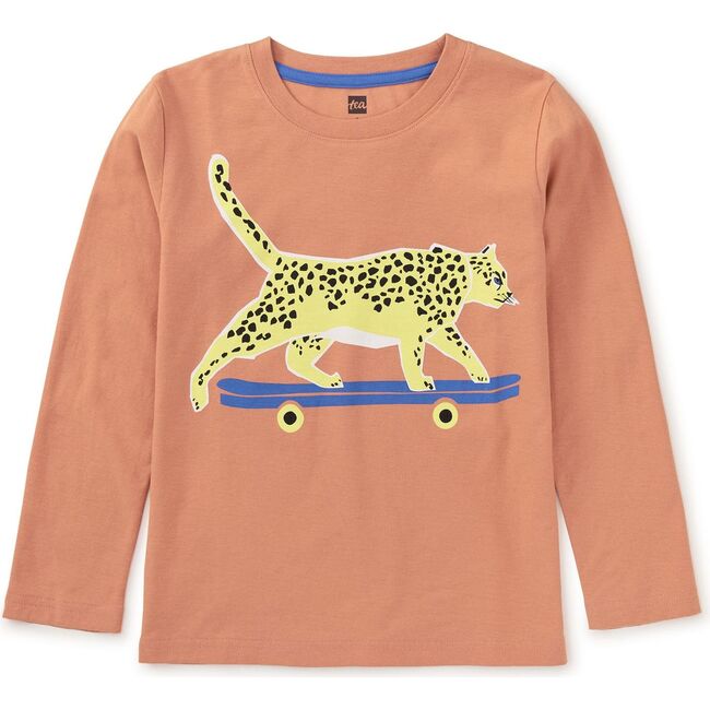 Fierce Skater Cat Graphic Print Long Sleeve T-Shirt, Raw Sienna