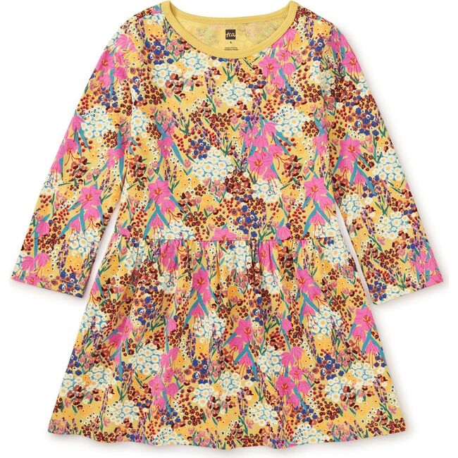 Crew Neck Long Sleeve Gathered Skirt Dress, Wild Saffron Floral