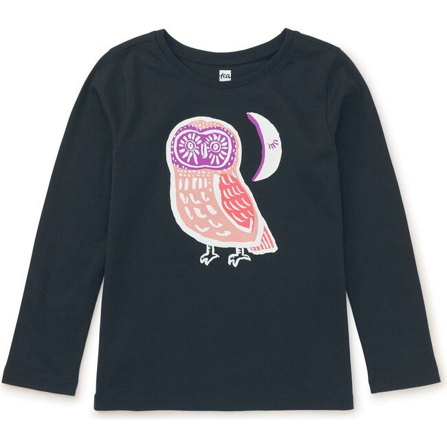 Cute Hoot Glow Graphic Print Long Sleeve T-Shirt, Jet Black