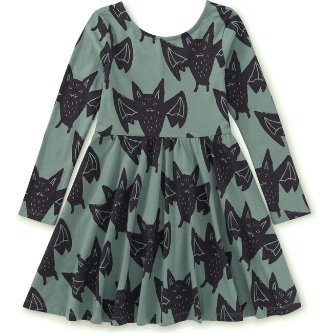 Bats Print Boat Neck Long Sleeve Ballet Skirt Dress, Fly By Night Bats