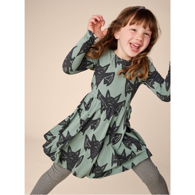 Bats Print Boat Neck Long Sleeve Ballet Skirt Dress, Fly By Night Bats - Dresses - 2