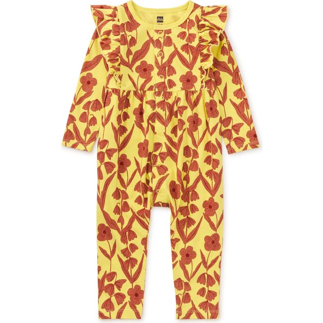 Babys Ruffle Envelope Neck Front Snap Romper, Turkish Floral In Lemongrass