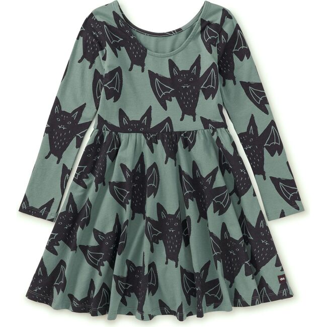 Bats Print Boat Neck Long Sleeve Ballet Skirt Dress, Fly By Night Bats - Dresses - 3