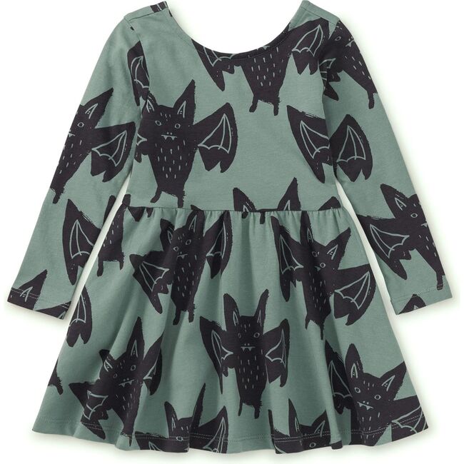 Bats Print Boat Neck Long Sleeve Ballet Skirt Dress, Fly By Night Bats - Dresses - 4