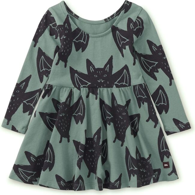 Bats Print Boat Neck Long Sleeve Ballet Skirt Dress, Fly By Night Bats - Dresses - 5