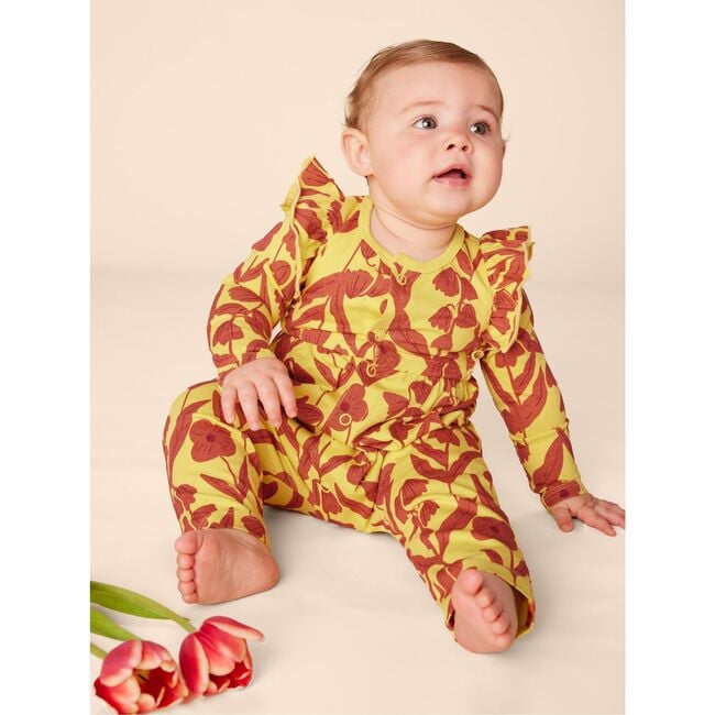 Babys Ruffle Envelope Neck Front Snap Romper, Turkish Floral In Lemongrass - Onesies - 2