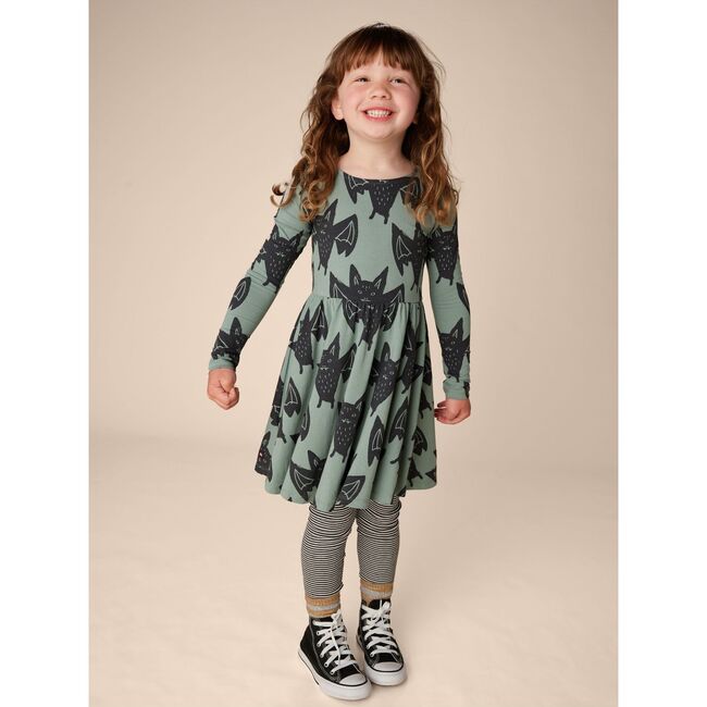 Bats Print Boat Neck Long Sleeve Ballet Skirt Dress, Fly By Night Bats - Dresses - 6