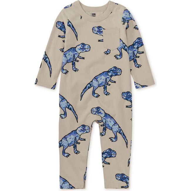 Babys Long Sleeve Contrast Pocket Snap Button Romper, T-Rex In Marble