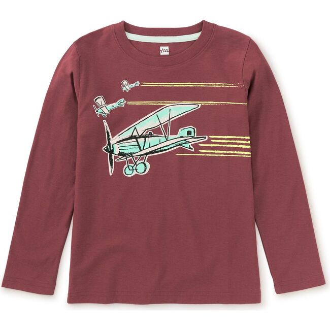 Airplane Trio Graphic Print Crew Neck Long Sleeve T-Shirt, Sangria