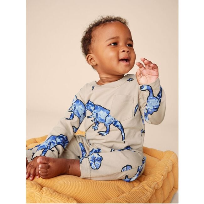 Babys Long Sleeve Contrast Pocket Snap Button Romper, T-Rex In Marble - Onesies - 2