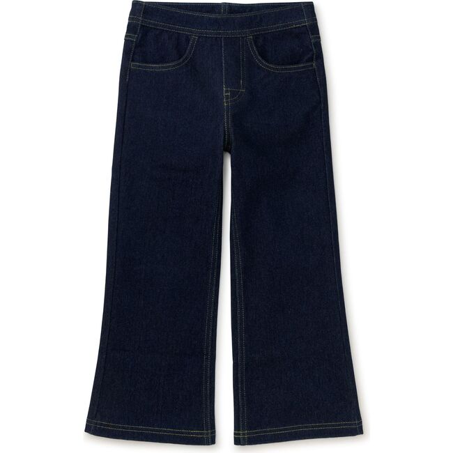 Denim-Like Drawstring Wide Leg Flare Pocket Pants, Dark Wash