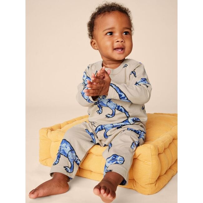 Babys Long Sleeve Contrast Pocket Snap Button Romper, T-Rex In Marble - Onesies - 5