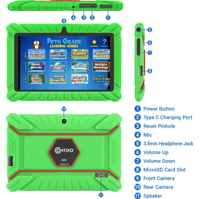 Contixo V8 32GB 7"" Kids Contixo Academy Tablet, Green - Tech Toys - 4