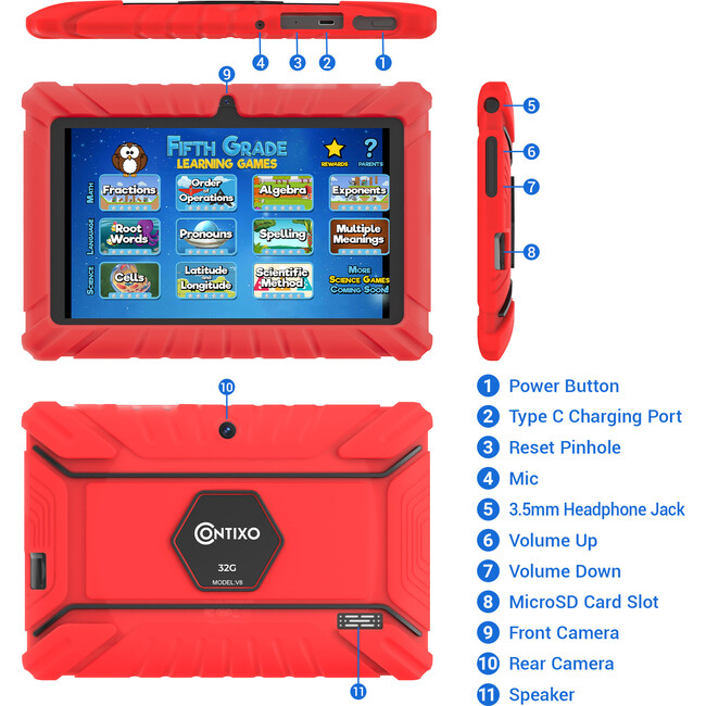 Contixo V8 32GB 7"" Kids Contixo Academy Tablet, Red - Tech Toys - 4