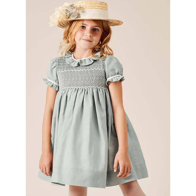 Girls Flower Occasion Frill Short Puff Sleeve Smocked Dress, Teal & Ivory - Dresses - 2