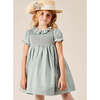 Girls Flower Occasion Frill Short Puff Sleeve Smocked Dress, Teal & Ivory - Dresses - 2